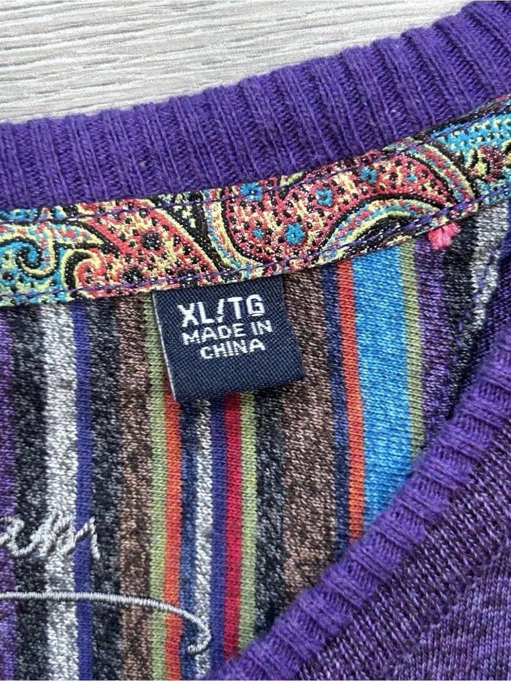 Robert Graham Men's XL Purple Heathered Long Sleeve Crew Neck Shirt Paisley Trim